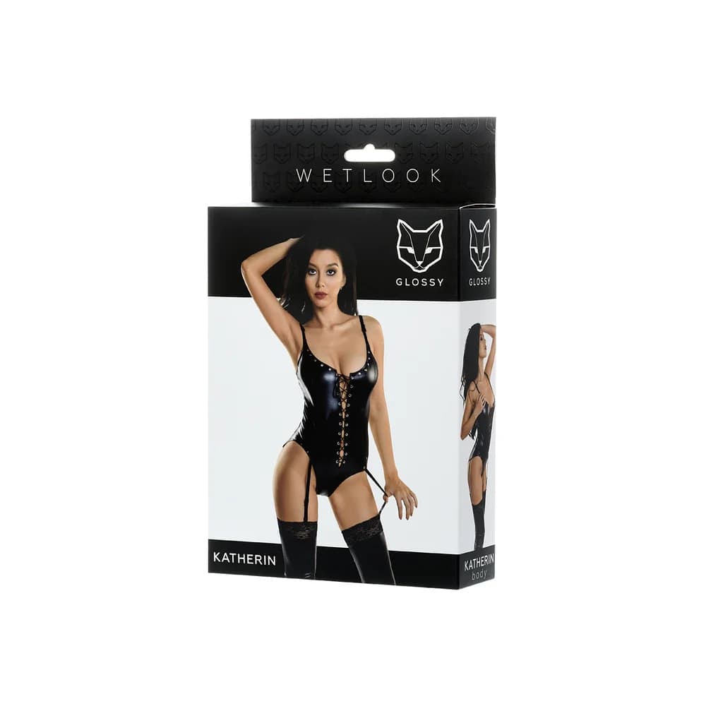 Erolanta Glossy Katherin Wetlook Deri Bağcıklı Siyah XL Bodysuit Jartiyer thumbnail 5
