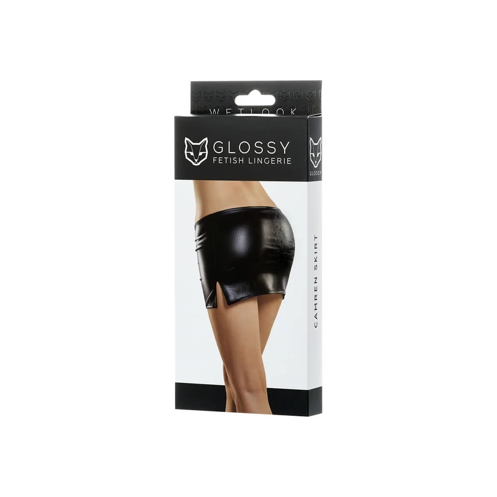 Erolanta Glossy Camren Wetlook Siyah Deri Mini Etek XL thumbnail 4